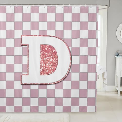 Image of Erosebridal Pink Initial D Bathroom Accessories Kawaii Plaid Checkered Shower Curtain Cute Personalized Monogram Bathroom Curtain for Kids Girls 72 inch Wx72 L Fashion Grids Gingham Shower Decor