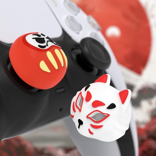 Image of PlayVital Cute Universal Illuminated LED Thumbstick Grips for ps5, for ps4, Joystick Caps for Xbox Series X|S, for Xbox One, Switch Pro Controllers, Joystick Protection - Daruma & Kitsune