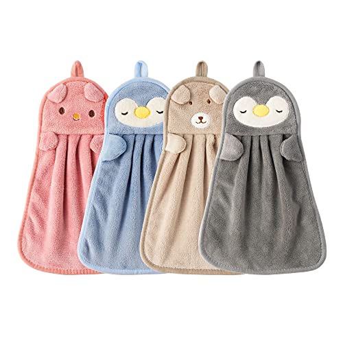 Image of BATTILO HOME Kids Hand Towels for Bathroom Set 4 Pack, Cute Hand Towels with Hanging Loop - Coral Velvet Hanging Hand Towels, Microfiber Absorbent Hand Towels for Kitchen (4pcs)