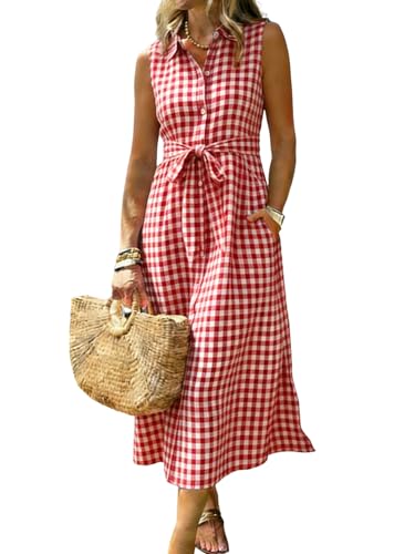 utcoco Womens 2026 Summer Casual Plaid Shirt Dress Tie Waist