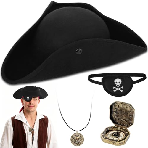 Zddaoole 4PCS Black Velvet Pirate Hat,Renaissance Pirate Tricorn Hat set