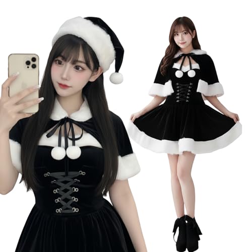 [mewin] 【日本企業】 サンタ コスプレ 4点セット 黒 ベロア ワンピース マント 帽子 サンタクロース コスチューム レディース (ブラック)の画像