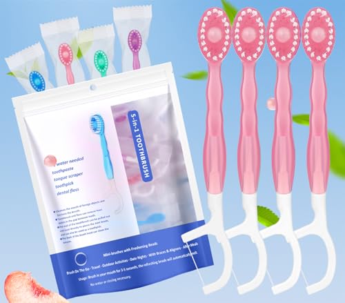 Vonmerie 10 Stück Einweg-Zahnbürsten mit Zahnpasta, 5 in 1 (vorgebunden | Zahnseide | Zungenschaber | Frischer Atem | Zahnstocher) Mini-Zahnbürste,vorpastete Zahnbürste für,Perle Pfirsichgeschmack