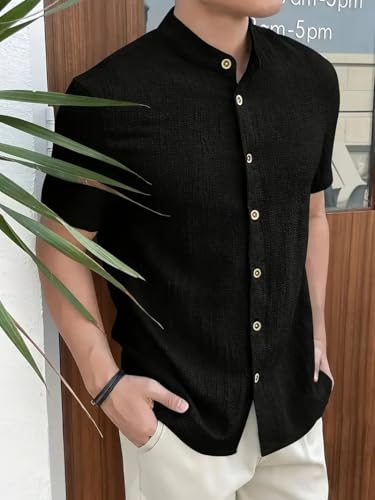 Image of Men's Solid Textured Half Sleeve Shirt with Stylish Buttons | Band Collar Casual Shirt for Summer Wear