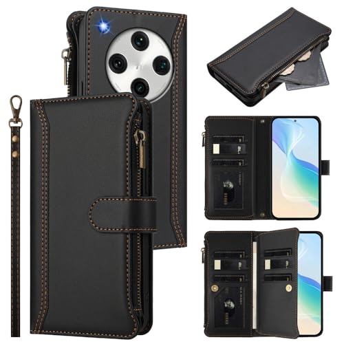 Coque Oppo Find X8 Pro avec rangement carte et fermeture éclair étui cuir noir