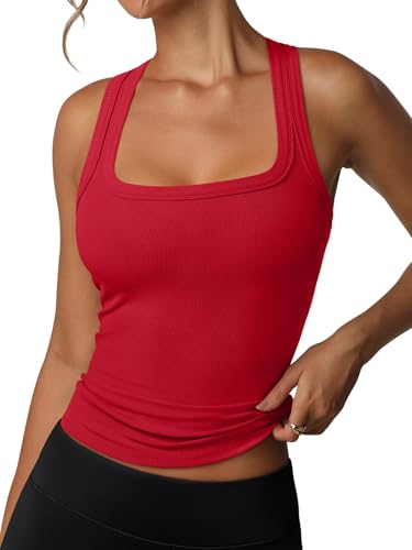 REORIA Built in Bra Tank Tops for Women Summer Sleeveless Racerback Square Neck Casual Basic Ribbed Tops 2026 Trendy Shirt Red Medium
