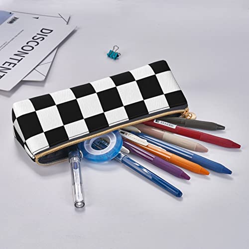 Image of Black White Race Checkered Flag Pattern Leather Pencil Case Zipper Pen Makeup Cosmetic Holder Pouch Stationery Bag for School, Work, Office
