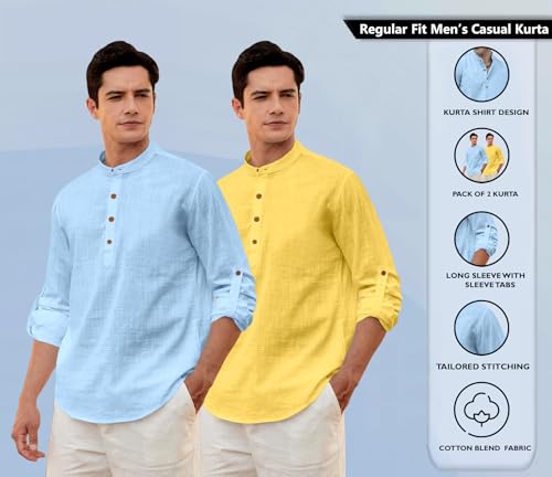 Image of Zombom Men's Combo Cotton Polyester Blend Solid Full Sleeve Straight Regular Fit Mandarin /Chinese Collor Kurta (Pack of 2)