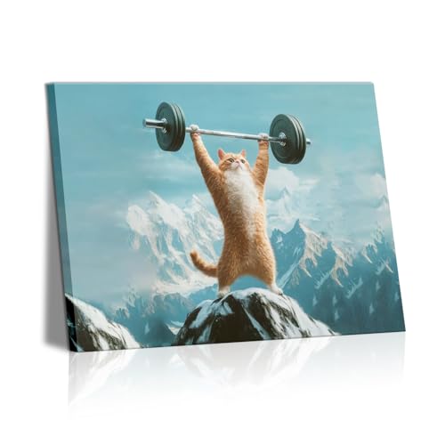 Framed Funny Cat Picture Wall Art - Weightlifting Gym Cat Workout Bodybuilding Canvas Poster Animal Fitness Sports Prints Painting Home Decor For Home Exercise Room Living Room Bathroom 12x16in
