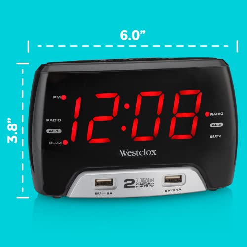 Westclox Large 1.4&rdquo; Red LED Digital FM Clock Radio with Dual USB A & C Charging Ports, Adjustable Brightness, Dual Alarms & Sleep Timer &ndash; Modern Alarm Clock for Bedroom, Home, or Office (Black)