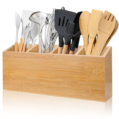 BambooZEN Large Utensils Holder with 4 Compartments, Bamboo Utensil Organizer for Kitchen Countertop, Farmhouse Kitchen Decor, Rustic Cooking Utensil with sticky notes