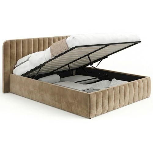 IDMarket - Lit Coffre Double Alba avec tête de lit et sommier 140 x 190 cm Velours Taupe