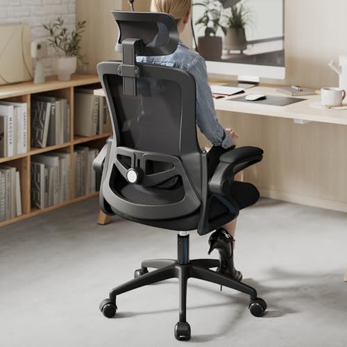Image of Ergonomic Office Chair Desk Chair with Adjustable Lumbar Support | Mesh Computer Chair Home Office Desk Chair with Flip-up Armrests Executive Task Chair Comfy Mesh Gaming Chair (Black-Black)