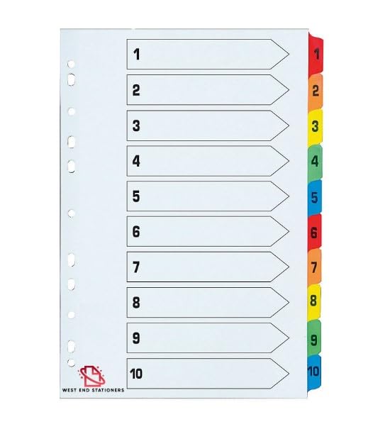 A4 1-10 Numbered Index Divider Multi Coloured Tabs (Pack of 5)