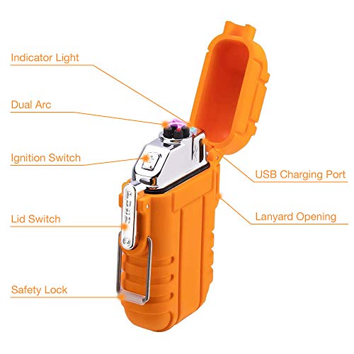 Usb Rechargeable Dual Arc Plasma Lighter - Windproof And Waterproof Flameless Electric Lighter With Emergency Whistle For Outdoor Adventures, Survival, Tactical And Camping (Orange) #TOP2