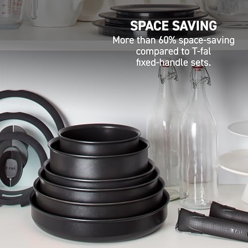 T-fal Ingenio Expertise Non Stick Cookware Set 14 Piece, Induction Oven Broiler Safe 500F, Detachable/Removable Handle, Kitchen, Pots and Pans, RV, Camping, Fry Pans, Saucepans, Dishwasher Safe Black