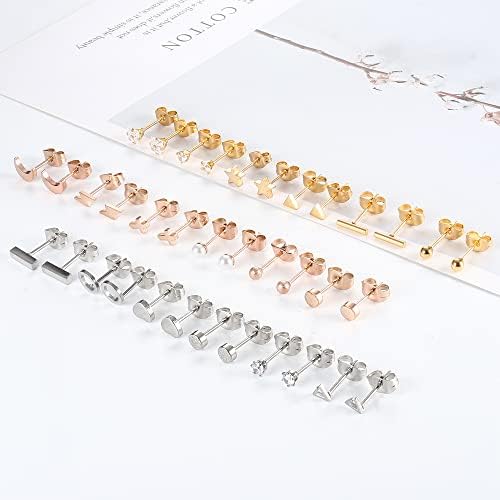 ORAZIO 18 Pairs Stud Earrings Set for Women Men 316L Stainless Steel Star Moon Heart CZ Disc 20G Cartilage Earrings Hypoallergenic Geometric Stud Earrings Piercing Jewellery