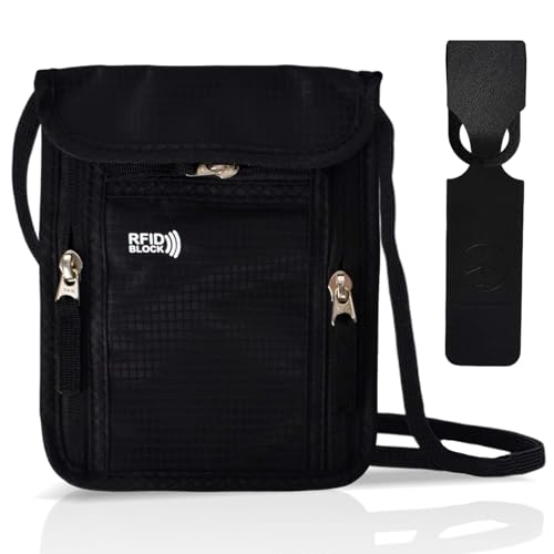 Portafoglio da Viaggio Antifurto, Tasca Sul Petto con Protezione RFID, Borsa di Sicurezza da Viaggio Impermeabile, Portafoglio da Viaggio Unisex, Marsupio da Collo per Carte e Passaporto (Nero)