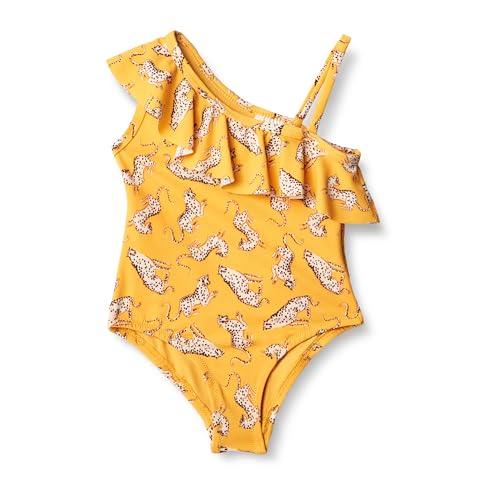 Amazon Essentials Girls' Girls Asymmetric Frill One-Piece Swimsuit, Golden Yellow Beige Leopards, Medium