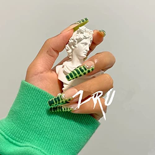 Qingge Green Press On Nails Long Length Coffin Fake Nails With Crocodile Pattern Design Luxury Glossy Matte Acrylic Nails Stick On Nails Tips Glue On Nails False Nails For Women 24Pcs(20) #TOP3