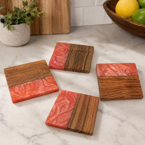 Image of Ireka Home Blush Tide Coaster Acacia Wood and a Dreamy Blush Pink Resin Coaster Pack of 4 |10x10cm | Hand Wash | Modern Tabletop Essentials