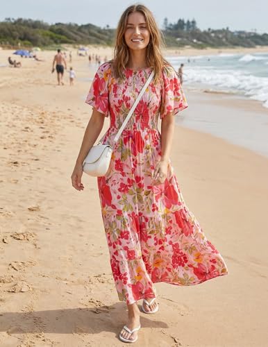 Image of ZESICA Women's 2026 Summer Boho Floral Maxi Dresses Casual Short Flutter Sleeve Smocked Tiered Flowy Dress