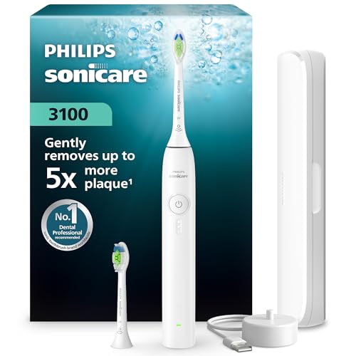 Philips Sonicare 3100 Series Electric Toothbrush - Sonic Toothbrush with Pressure Sensor, 3 Intensity Levels, EasyStart Feature, SmarTimer, 14-Day Runtime, Travel Case, White, HX4034/21, [New]