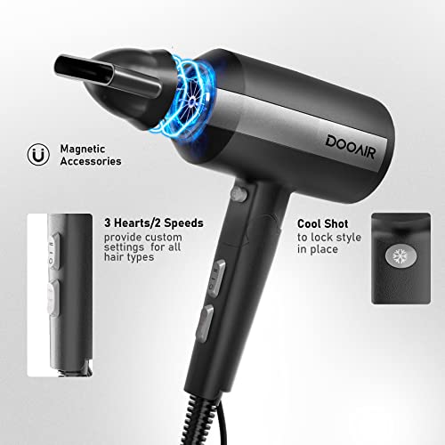 Professional Ionic Hair Dryer With Diffuser, Dooair Blow Dryer, Magnetic,Powerful Fast Dry,1875W,3 Heating/2 Speed/Cold Settings,Diffuser Hair Dryer,Blue-Black #TOP2