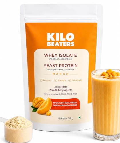 Image of Kilobeaters Whey Protein Isolate Powder with Yeast Protein 50g (Pack of 8) | Combo Pack of 2 | Real Alphonso Mango | 26g Protein Per Scoop | Gut-Friendly | Zero Fillers | Monk Fruit Sweetened