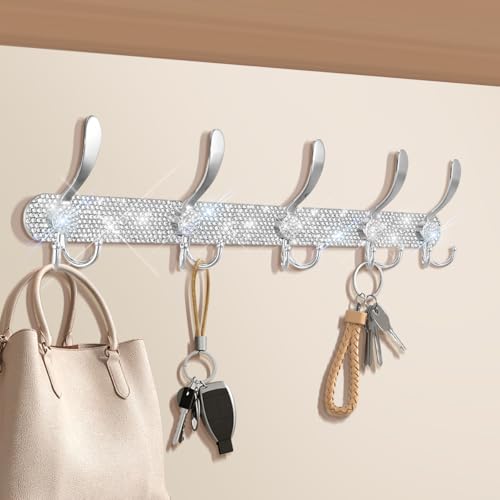 GUFONKOD Bling Coat Rack Wall Mounted - 5 Tri Hooks, Heavy Duty Sparkle Silver Rhinstones Crystal Wall Mount Suitable for Key Hat Towel Purse Robes, Glitter Hooks Rack for Entryway, Bedroom （1 Pcs） by GUFONKOD - Used condition - US$16.13