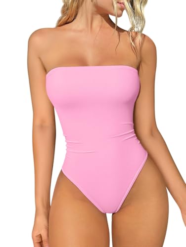 OQQ Womens Tube Bodysuits Strapless Basic Sleeveless Ruched Stretch Classic-Fit Tops Sexy Bodysuits Pink