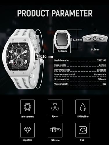Image of TSAR BOMBA Mens Luxury Watch Watches for Men 50M Waterproof Japanese Quartz Movement Tonneau Stainless Steel Case Sapphire Glass with Chronograph Date Function Cool Unique Fashion Gift