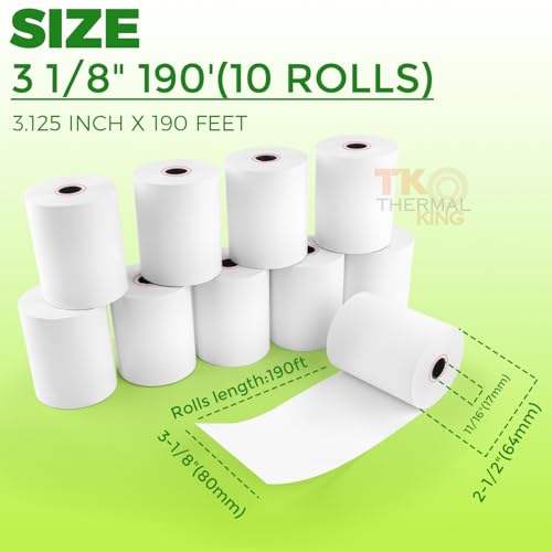 TK Thermal King, (10 Rolls) 3 1/8" x 190' Thermal Paper, POS Receipt Paper for Retail Business Cash Register, Fits Most Credit Card Terminal