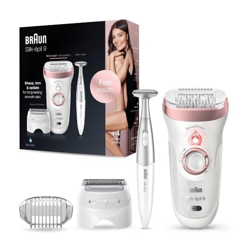 Braun Silk-épil 9 Depiladora para depilación de larga duración con afeitadora eléctrica, recortadora y recortadora de bikini, 100% impermeable, enchufe de 2 pines del Reino Unido, 9-890, color blanco