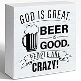WUZYOU God is Great Beer is Good People are Crazy Sign, Rustic Religious Motivational Wood Box Sign, Christian Desk Shelves Wall Decor for Living Room Bedroom 5x5x1 INCH
