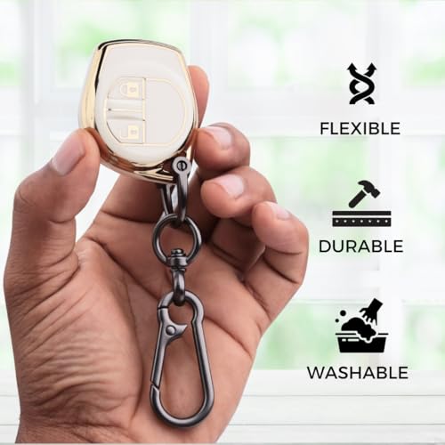 Image of KEYCEPT Gold Line TPU Key Cover Compatible with Suzuki Swift, Dzire, Ertiga, Baleno, Celerio, Ritz, Brezza, Scross, Fronx, Ciaz, Jimny, S Presso 2 Button Remote Key with Keychain. (Keychain 1, White)
