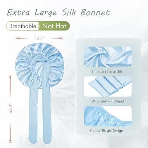 Image of BONNET QUEEN Satin Bonnet Silk Bonnet for Sleeping Women Hair Wrap Night Sleep Cap Scarf Wrap for Curly Hair with Tie Band, Large, Light Blue