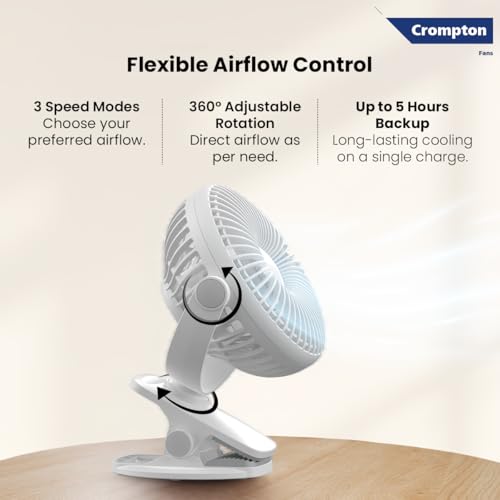 Image of Crompton Siro Rechargeable Clip Fan 100MM | Safety Grill Design | Replaceable Battery | Type-C Charging | 360 Adjustable Rotation | Personal Cooling Fan for Desk, Bedroom & Travel (White)