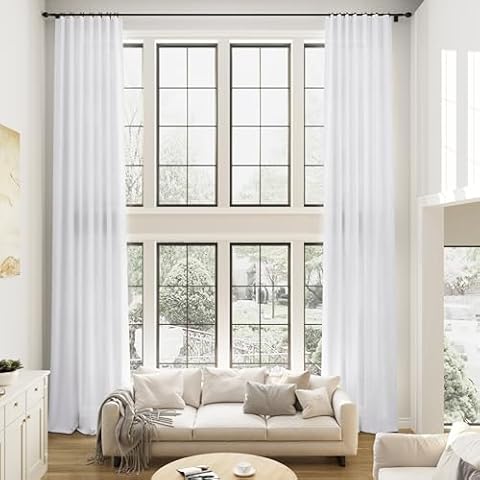 Naturoom White 144 Inch Linen Curtains for High Living Room Bedroom Rod Pocket Modern Boho Neutral Light Filtering Semi Sheer Extra Long Linen Drape for 2 Story Large Window 1 Panel, W52xL144 Cover
