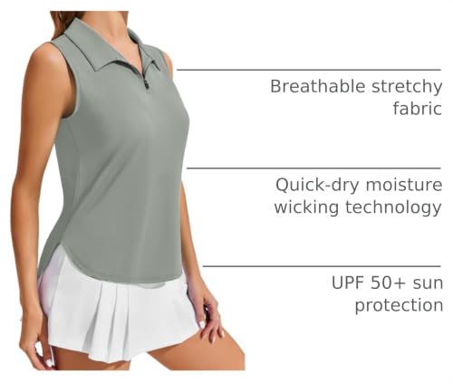 Image of PINSPARK Women Golf Shirts Sleeveless UPF 50+ Tennis Polo V-Neck Quick Dry Athletic T Shirt 1 /4 Zip Collar Workout Tank Top