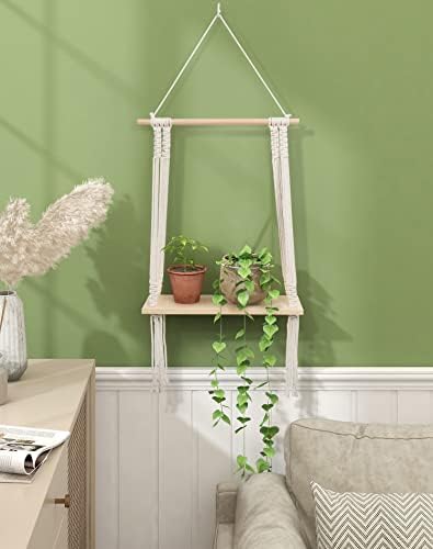 Petrala Hanging Floating Shelves Wood Wall Hanging Shelf Boho Macrame Shelf, Decoration Bohemian Floating Shelf Hand Woven Tassel Chic Floating Shelf for Living Room Bedroom Bathroom Balcony Hallway