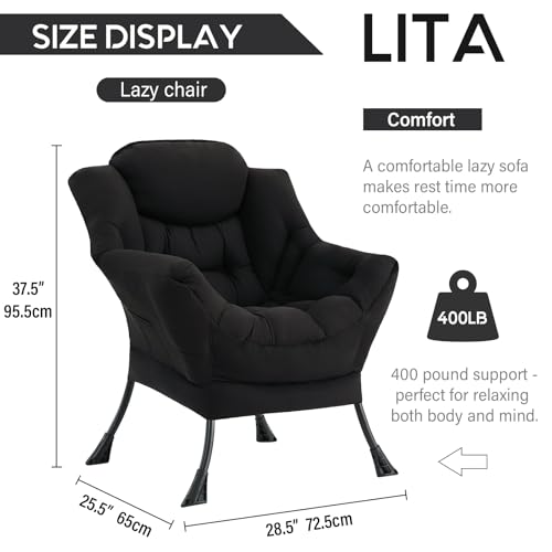 Image of LITA Lazy Chair with Armrests and Side Pocket, Modern Upholstered Accent Reading Chair for Living Room, Bedroom, Dorm, Small Spaces, Single Black