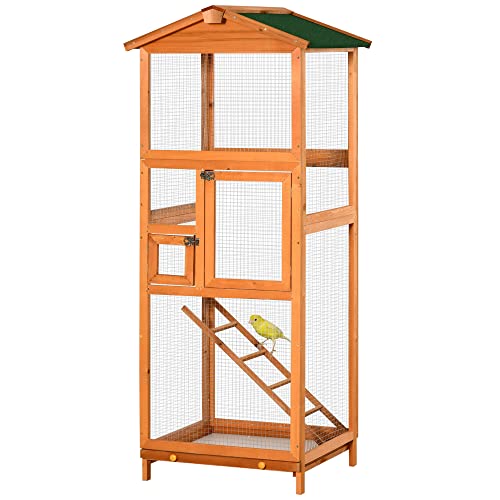 PawHut Cage pour oiseaux extérieure 68 x 63 x 165 cm Oiseau en bois d'épinette avec 2 portes Plateau amovible et toit asphaltique Matural