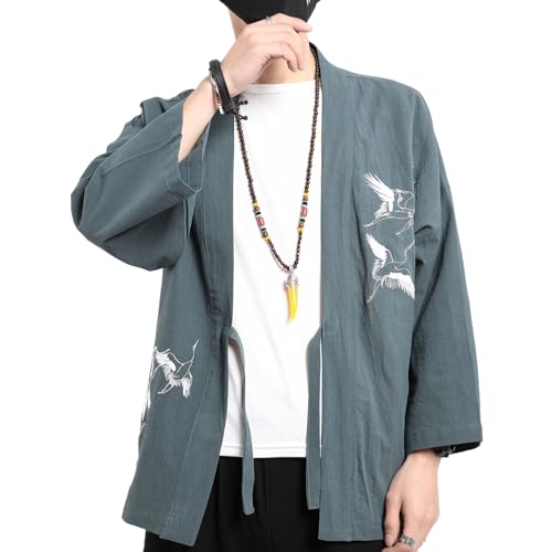 Image of Men's Japanese Kimono Cardigan Loose Cotton Linen 3 /4 Sleeve Open Front Casual Summer Shirt Jackets