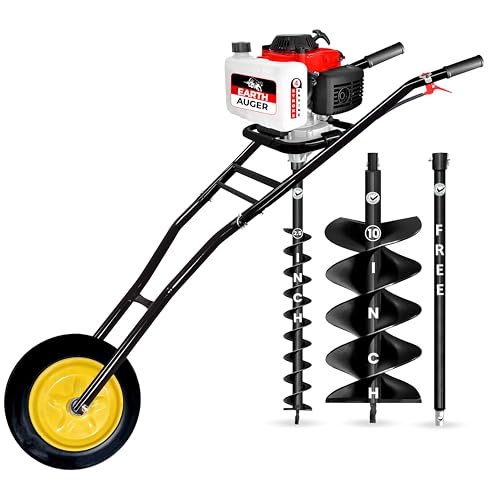 Image of DVI 142CC Trolley Earth Auger Machine, 4-Stroke Petrol Engine - with 2.5 Inch + 10 Inch Double Spiral Planter Bits & Free Extension Rod | For Plantation, Fencing & Post Hole Digging in All Soil Types.
