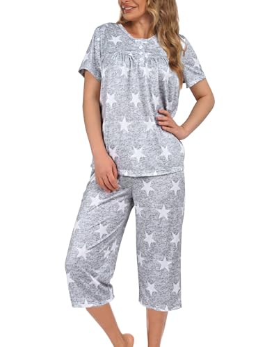 Evolyline Schlafanzug Damen Kurz, Shorty Pyjama Set Sommer, Schlafanzüge für Damen Kurzarm Top und 3/4 Lang Hose, Rundhals Ausschnitt Loungewear...