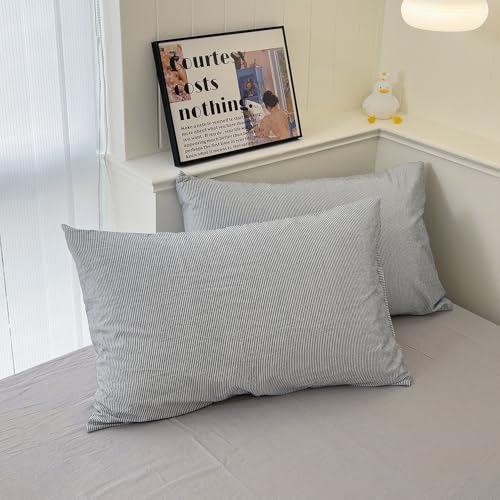 Image of mixinni Grey Striped Duvet Cover Queen Size - 100% Washed Cotton Pinstripe Comforter Cover with Zipper Closure, Lightweight & Breathable, 3 Pieces Minimalist Stripes Pattern Printed Bedding Set