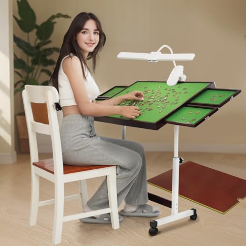 Jagahaha Premium Jigsaw Puzzle Table with Adjustable Angle & Drawers, Portable Folding Puzzle Board for 1000-Piece Jigsaws, Rechargeable LED Light, Height Adjustable, Perfect for Puzzle Lovers, wheels