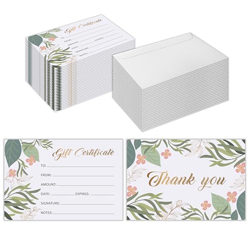 Cartes cadeaux vierges avec enveloppes pour spa et salon de coiffure | Lot de 50