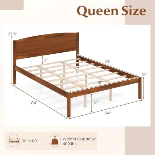 Image of GIANTEX Queen Size Wooden Bed Frame w /Curved Headboard, Wood Slat Support | Farmhouse Platform Bed w /Heavy Duty Mattress Foundation, Under-Bed Storage Space, No Box Spring Needed, Easy Assembly